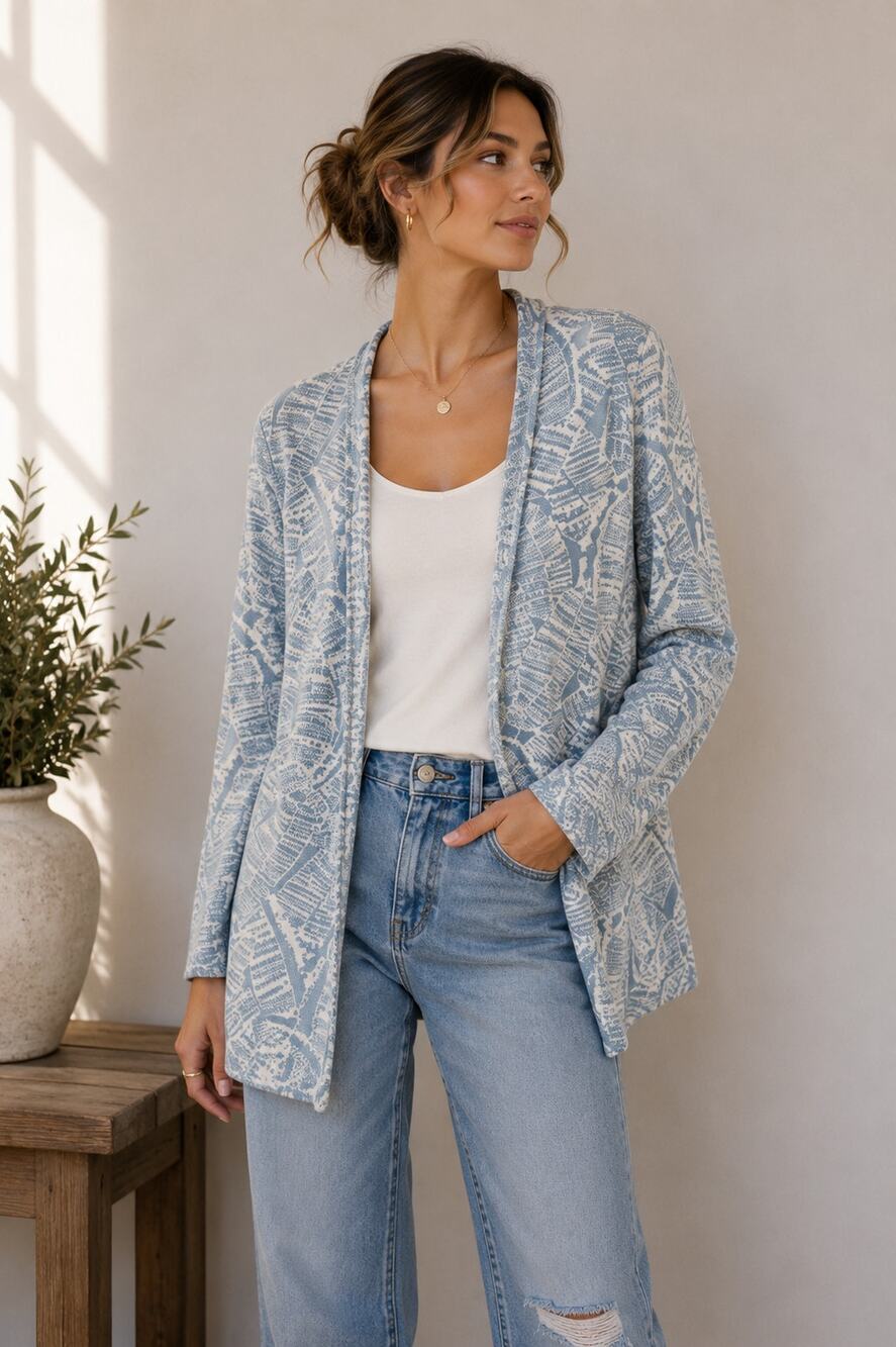 J McLaughlin Blue Printed Cardigan Sweater Womens S Casual Luxury Classic